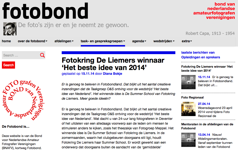 De website van de Fotobond waarop de Summer School van fotokring De Liemers werd uitgeroepen tot Beste Idee van 2014.